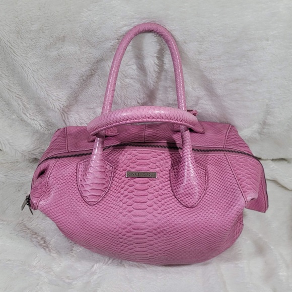 Charles Jourdan Croc Embossed Leather Satchel Bag in Bubblegum Pink - Picture 7 of 16